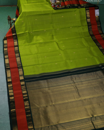 Pure kanchipuram silk saree lime green and Bottle green with allover vairaosi pattern & buttas and rettapet zari woven border