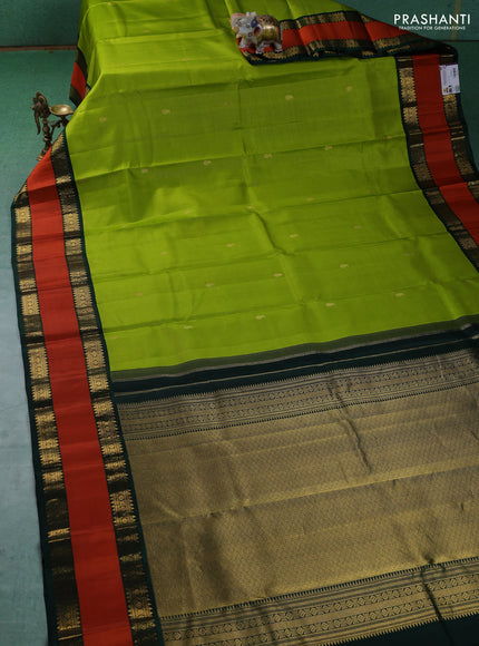 Pure kanchipuram silk saree lime green and Bottle green with allover vairaosi pattern & buttas and rettapet zari woven border