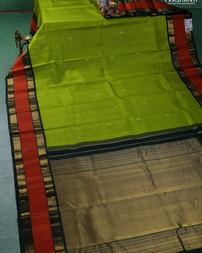 Pure kanchipuram silk saree lime green and Bottle green with allover vairaosi pattern & buttas and rettapet zari woven border
