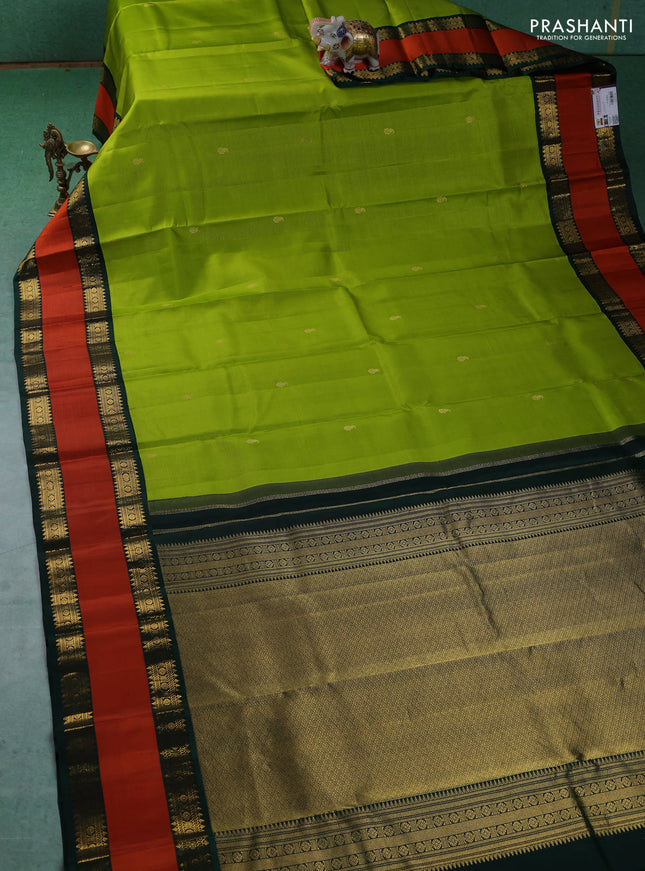 Pure kanchipuram silk saree lime green and Bottle green with allover vairaosi pattern & buttas and rettapet zari woven border