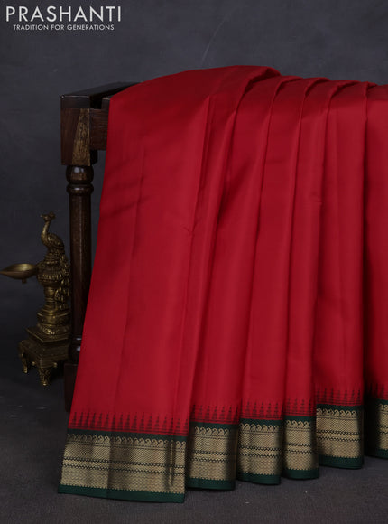 Pure kanchipuram silk saree red and green with plain body and zari woven korvai border
