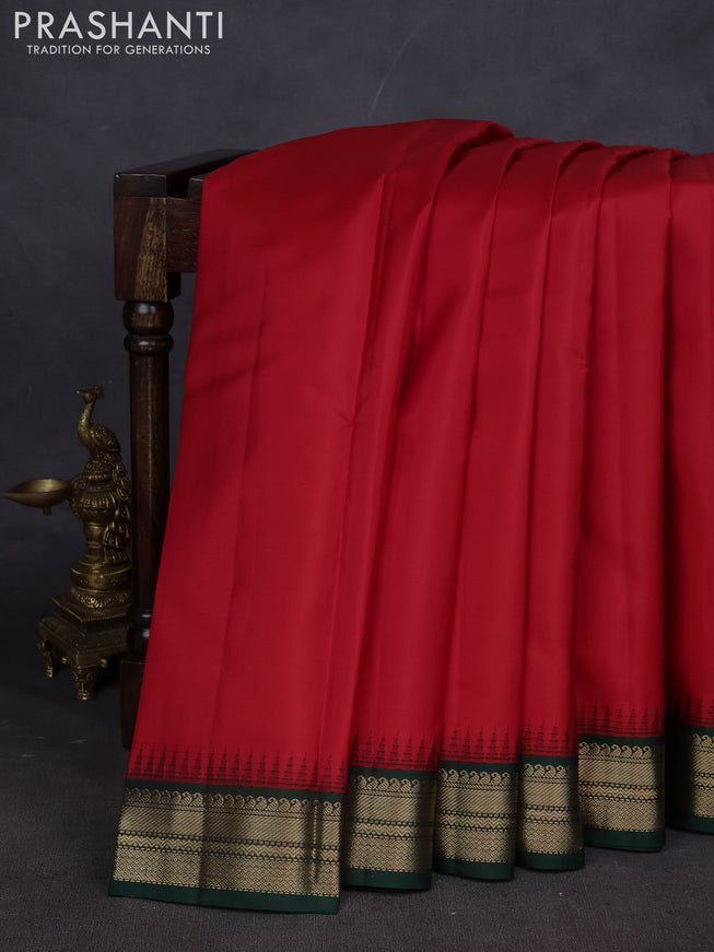 Pure kanchipuram silk saree red and green with plain body and zari woven korvai border