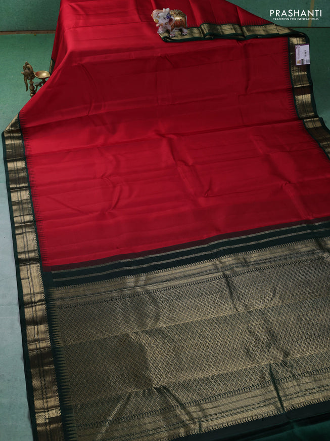 Pure kanchipuram silk saree red and green with plain body and zari woven korvai border