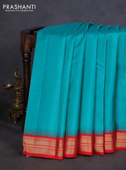 Pure kanchipuram silk saree blue and red with plain body and zari woven korvai border