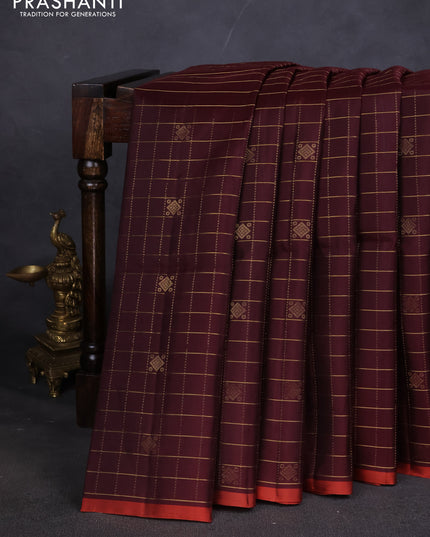 Pure soft silk saree coffee brown and rustic orange with allover zari checks & buttas in borderless style