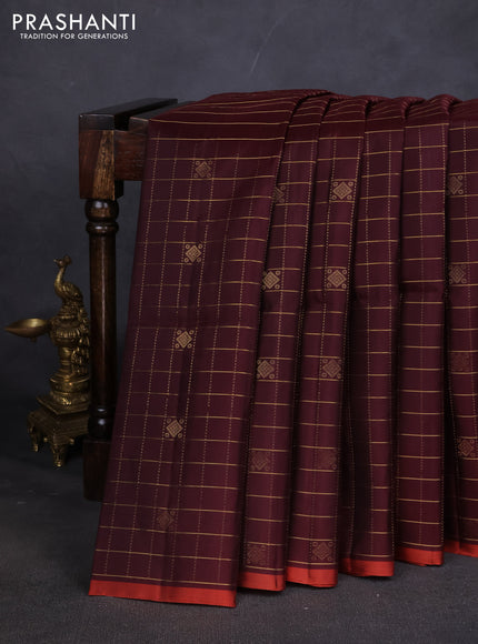 Pure soft silk saree coffee brown and rustic orange with allover zari checks & buttas in borderless style