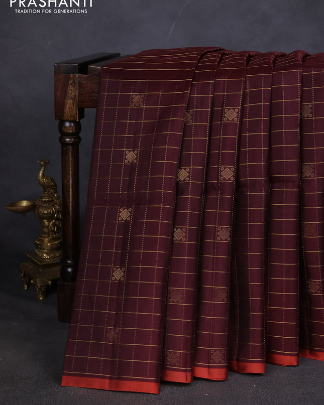 Pure soft silk saree coffee brown and rustic orange with allover zari checks & buttas in borderless style