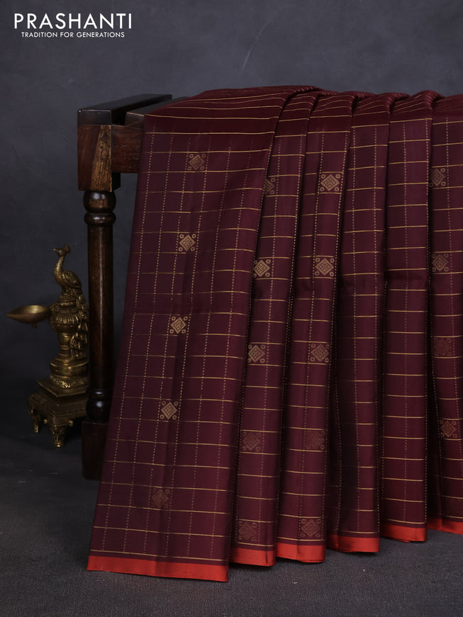 Pure soft silk saree coffee brown and rustic orange with allover zari checks & buttas in borderless style