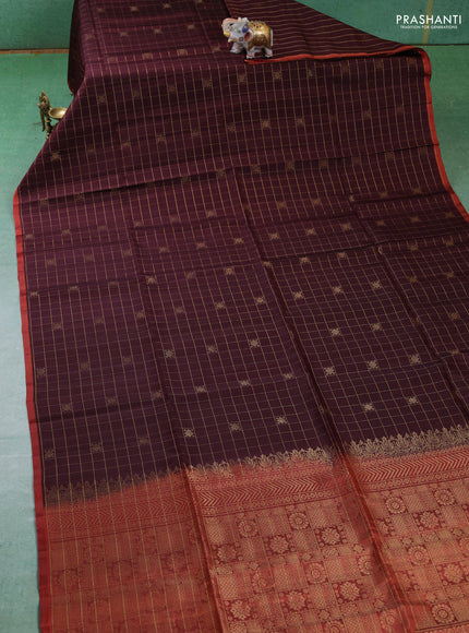 Pure soft silk saree coffee brown and rustic orange with allover zari checks & buttas in borderless style
