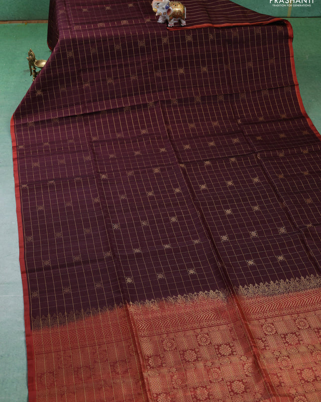 Pure soft silk saree coffee brown and rustic orange with allover zari checks & buttas in borderless style