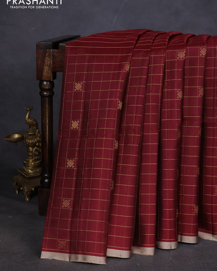Pure soft silk saree maroon and beige with allover zari checks & buttas in borderless style
