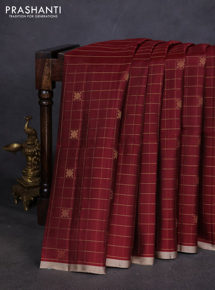 Pure soft silk saree maroon and beige with allover zari checks & buttas in borderless style