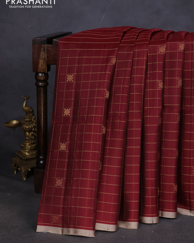 Pure soft silk saree maroon and beige with allover zari checks & buttas in borderless style