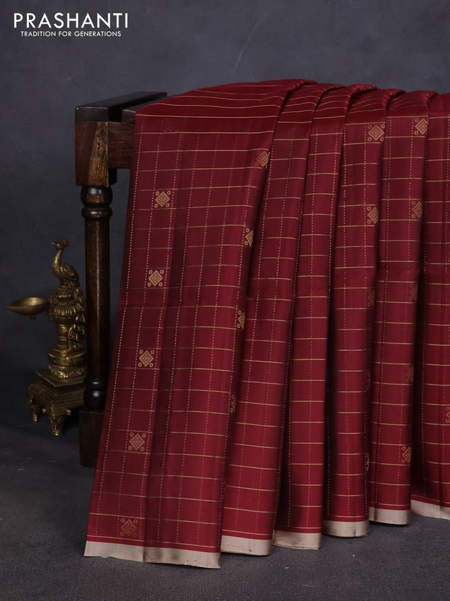 Pure soft silk saree maroon and beige with allover zari checks & buttas in borderless style