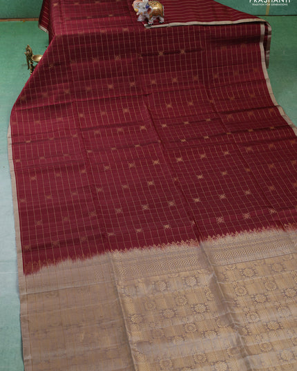 Pure soft silk saree maroon and beige with allover zari checks & buttas in borderless style
