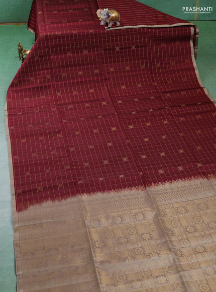 Pure soft silk saree maroon and beige with allover zari checks & buttas in borderless style
