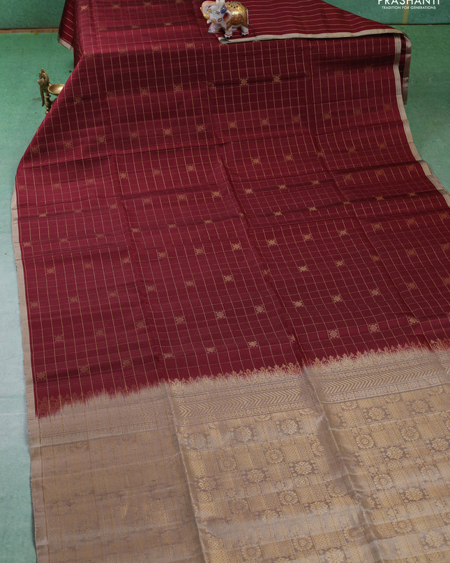 Pure soft silk saree maroon and beige with allover zari checks & buttas in borderless style
