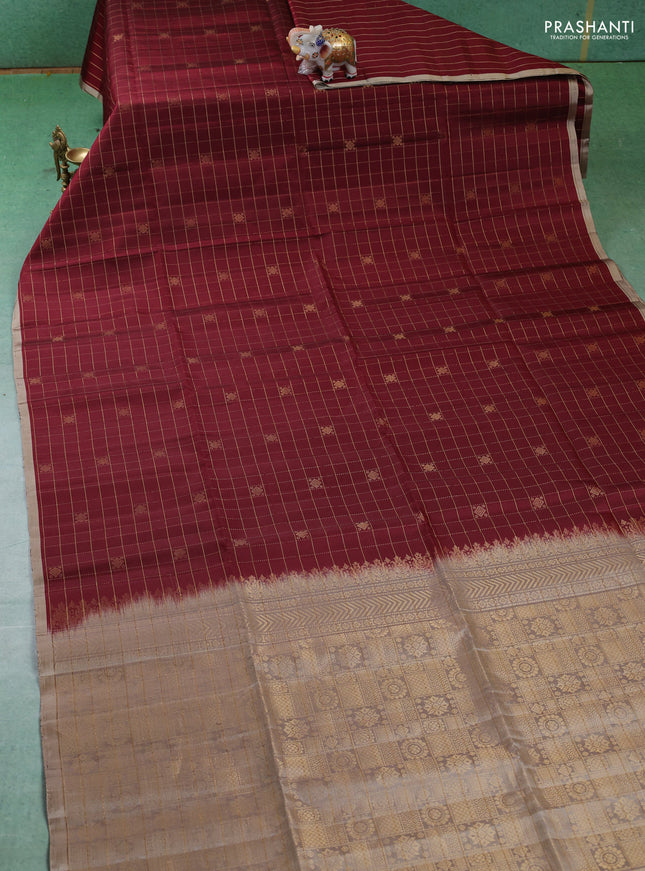 Pure soft silk saree maroon and beige with allover zari checks & buttas in borderless style