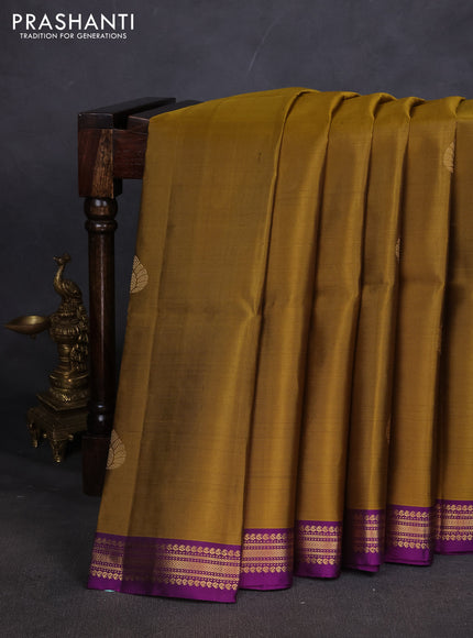 Pure soft silk saree mustard green and purple with zari woven buttas and zari woven border