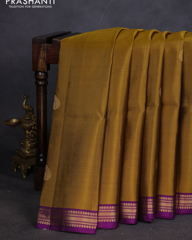 Pure soft silk saree mustard green and purple with zari woven buttas and zari woven border