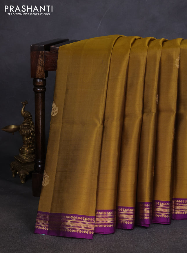 Pure soft silk saree mustard green and purple with zari woven buttas and zari woven border