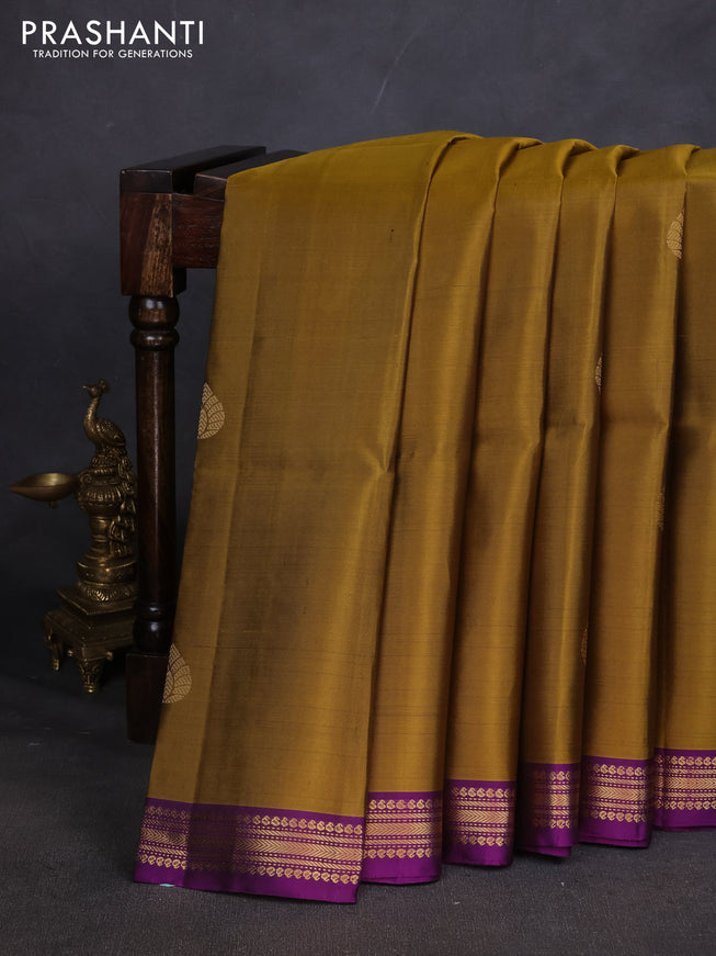 Pure soft silk saree mustard green and purple with zari woven buttas and zari woven border