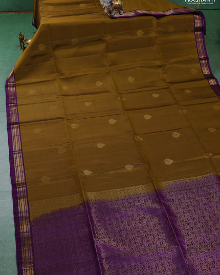 Pure soft silk saree mustard green and purple with zari woven buttas and zari woven border