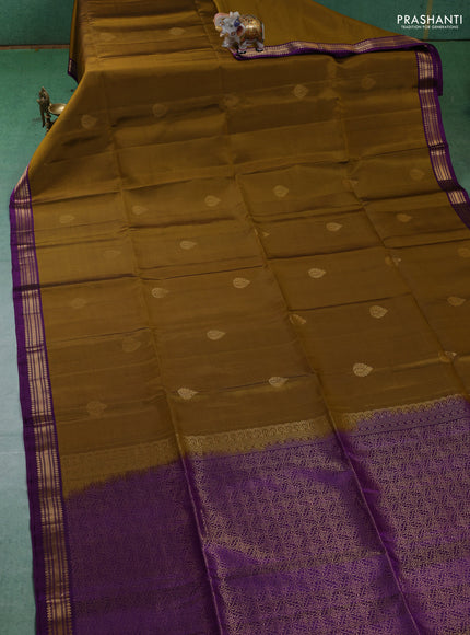 Pure soft silk saree mustard green and purple with zari woven buttas and zari woven border