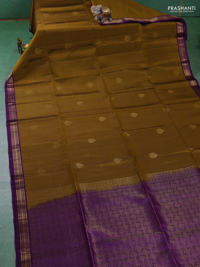 Pure soft silk saree mustard green and purple with zari woven buttas and zari woven border