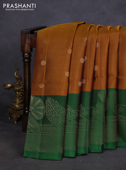 Pure soft silk saree dark mustard and green with zari woven buttas and zari woven butta border
