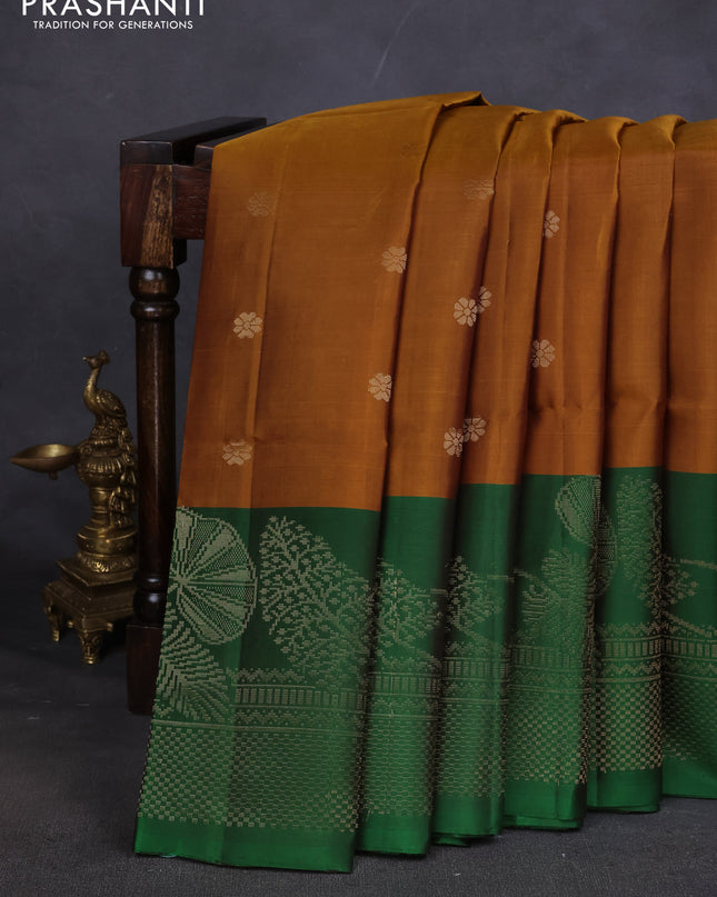 Pure soft silk saree dark mustard and green with zari woven buttas and zari woven butta border