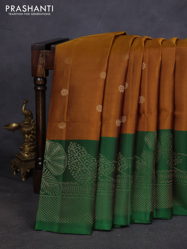 Pure soft silk saree dark mustard and green with zari woven buttas and zari woven butta border