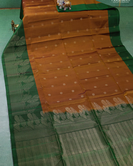 Pure soft silk saree dark mustard and green with zari woven buttas and zari woven butta border