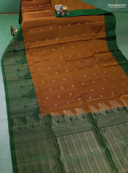 Pure soft silk saree dark mustard and green with zari woven buttas and zari woven butta border