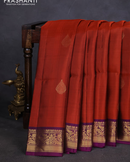 Pure soft silk saree rustic orange and purple with zari woven buttas and zari woven border