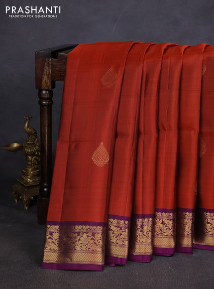Pure soft silk saree rustic orange and purple with zari woven buttas and zari woven border
