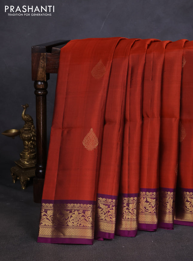 Pure soft silk saree rustic orange and purple with zari woven buttas and zari woven border