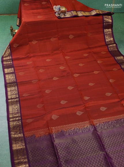Pure soft silk saree rustic orange and purple with zari woven buttas and zari woven border