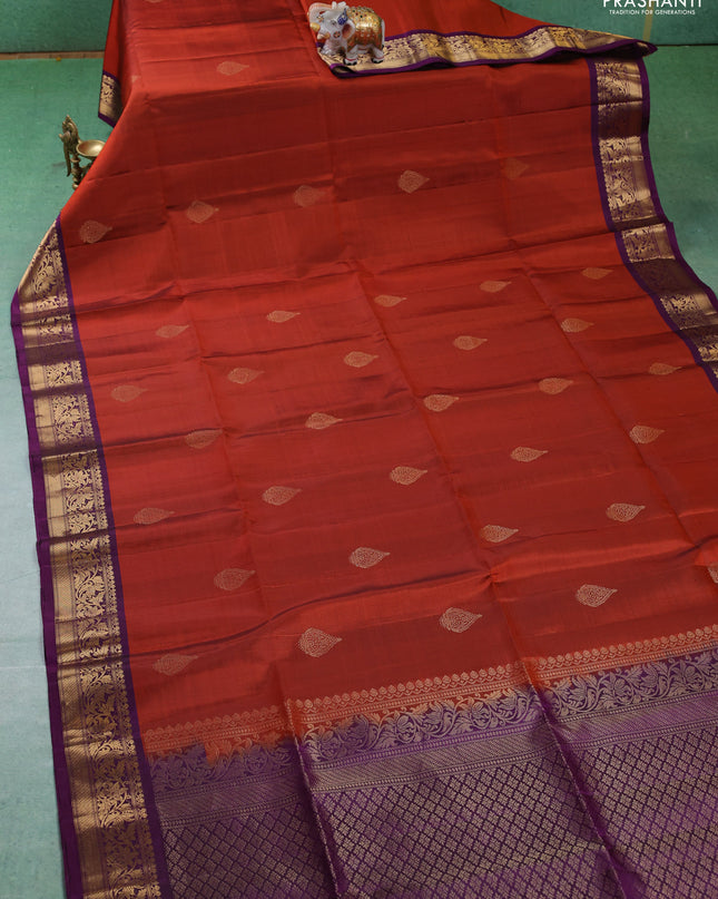 Pure soft silk saree rustic orange and purple with zari woven buttas and zari woven border