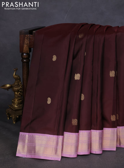 Pure kanchipuram silk saree brown and lavender with annam & Paisley zari woven buttas and zari woven korvai border