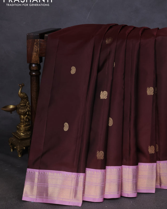 Pure kanchipuram silk saree brown and lavender with annam & Paisley zari woven buttas and zari woven korvai border