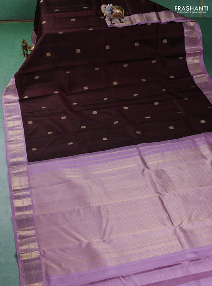 Pure kanchipuram silk saree brown and lavender with annam & Paisley zari woven buttas and zari woven korvai border