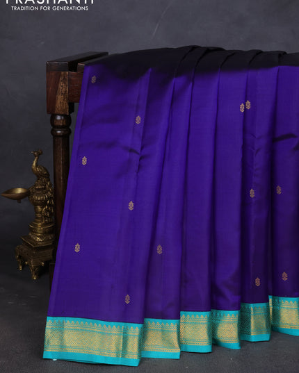 Pure kanchipuram silk saree blue and teal blue with zari woven buttas and zari woven korvai border