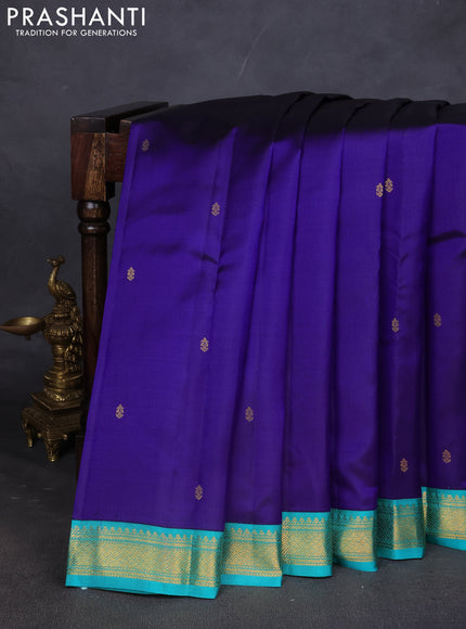 Pure kanchipuram silk saree blue and teal blue with zari woven buttas and zari woven korvai border