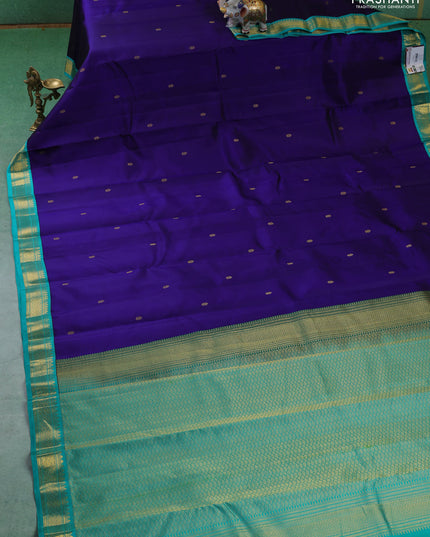 Pure kanchipuram silk saree blue and teal blue with zari woven buttas and zari woven korvai border
