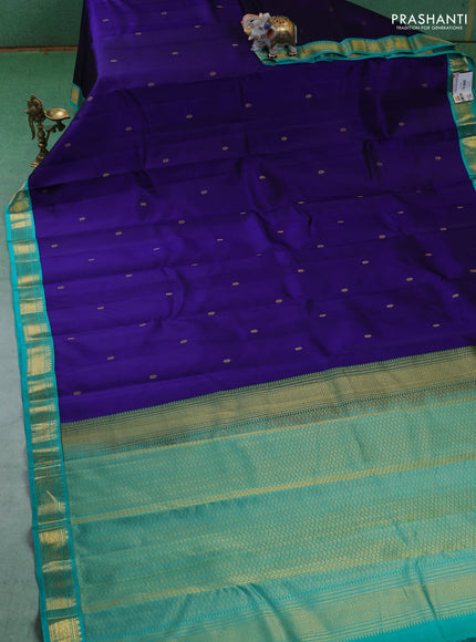 Pure kanchipuram silk saree blue and teal blue with zari woven buttas and zari woven korvai border