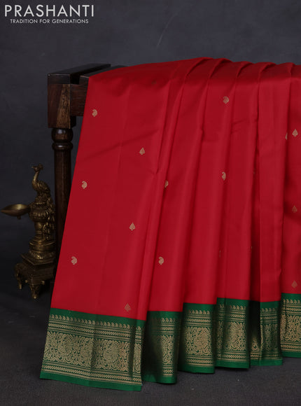 Pure kanchipuram silk saree red and green with paisley zari woven buttas and zari woven korvai border
