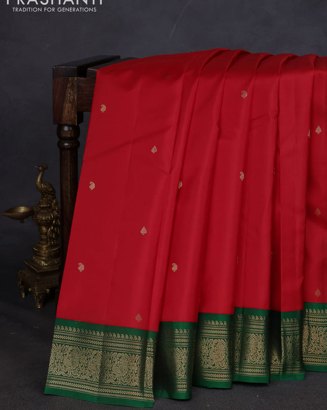Pure kanchipuram silk saree red and green with paisley zari woven buttas and zari woven korvai border