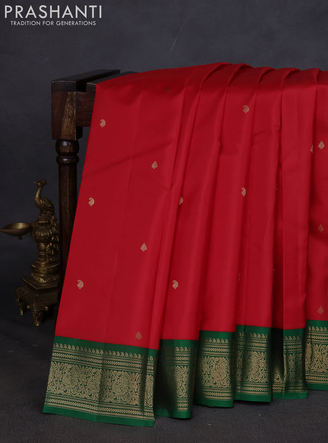 Pure kanchipuram silk saree red and green with paisley zari woven buttas and zari woven korvai border