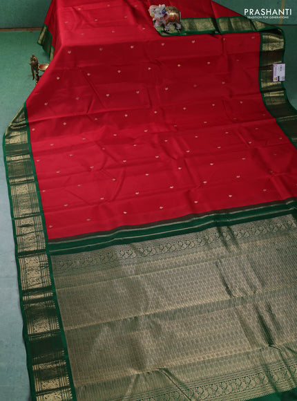 Pure kanchipuram silk saree red and green with paisley zari woven buttas and zari woven korvai border